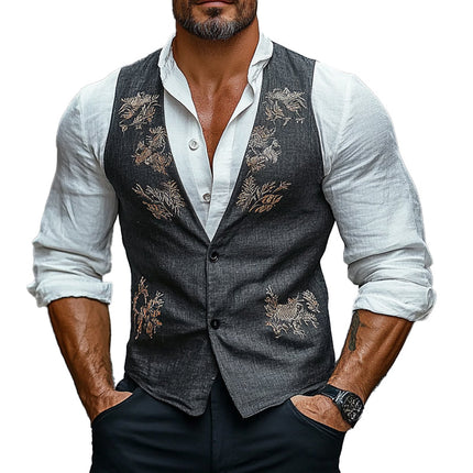 Men's Vintage Floral Embroidered Vest | Classic V-Neck | Intricate Flower Pattern | Machine Washable | Wedding Weekend Events | Casual Outing | Statement Wardrobe Essential | Button-Down Closure
