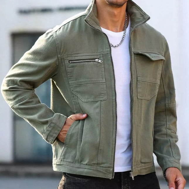 Men's Vintage Green Denim Jacket | Zipper Front | Durable Cotton | Long Sleeve | Retro Point Collar | Functional Pockets | Distressed Finish | Regular Fit | Machine Washable