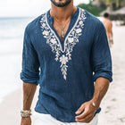 Men's Vintage Henley Shirt | Embroidered Cotton Linen | Long Sleeve Top | Casual Comfort | Breathable Fabric | Versatile Style | Button Details | Multiple Sizes | Ideal for Spring & Autumn | Classic Retro Charm