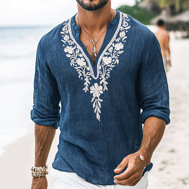 Men's Vintage Henley Shirt | Embroidered Cotton Linen | Long Sleeve Top | Casual Comfort | Breathable Fabric | Versatile Style | Button Details | Multiple Sizes | Ideal for Spring & Autumn | Classic Retro Charm