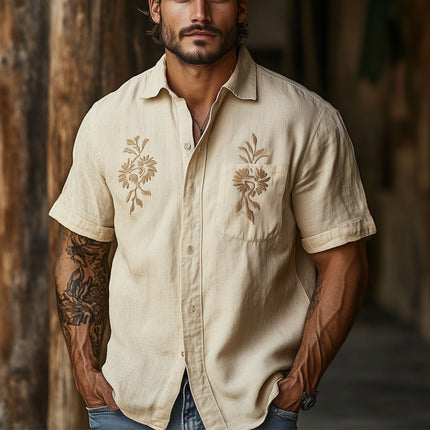 Men's Vintage Style Embroidered Shirt | Casual Khaki Tencel Short Sleeve | Soft Breathable Fabric | Timeless Turn-Down Collar | Regular Fit | Button-Down Front | Perfect for Warm Climates and Versatile Wear