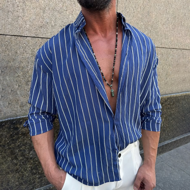 Men's Striped Long Sleeve Loose Fit Lapel Collar Shirt | Casual Wear | Soft Breathable Fabric | Modern Striped Design | Versatile Men's Top | Regular Fit | Comfortable Everyday Outfit | Stylish Men's Apparel