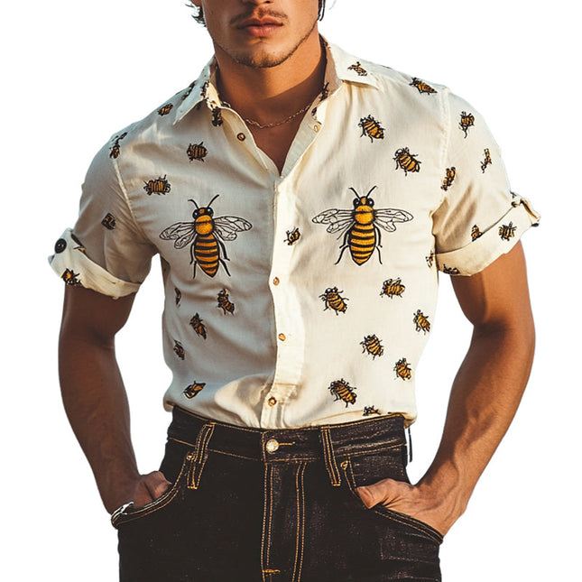 Men's Short Sleeve Shirt | Funny Bee Print | Lapel Collar | Casual Style | Breathable Lightweight Fabric | Relaxed Fit | Vibrant Design | Perfect for Summer Days & Casual Gatherings