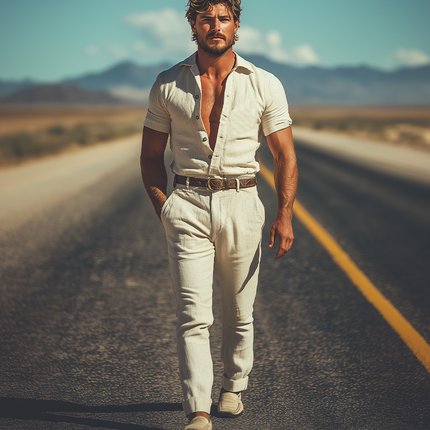 Men's Retro Western Cotton Linen Jumpsuit | Summer Fashion | No Belt | Lightweight Breathable Fabric | Casual One-Piece Outfit | Comfortable Fit | Pockets Included | Stylish Summer Wardrobe Essential