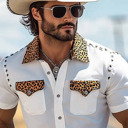 Men's Retro Western Style Shirt | Cotton Blend | Leopard Print | Metal Rivet Details | Slim Fit | Short Sleeve | Spring Summer Fashion