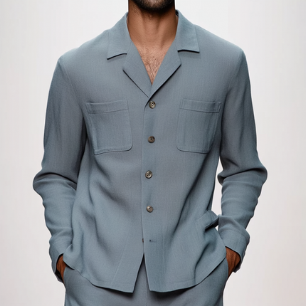 Men's Breathable Cotton Linen Shirt | Notched Lapel | Single Breasted | Patch Pocket Design | Loose Fit | Long Sleeve | Casual & Comfortable | Ideal for Warm Weather & Outdoor Activities
