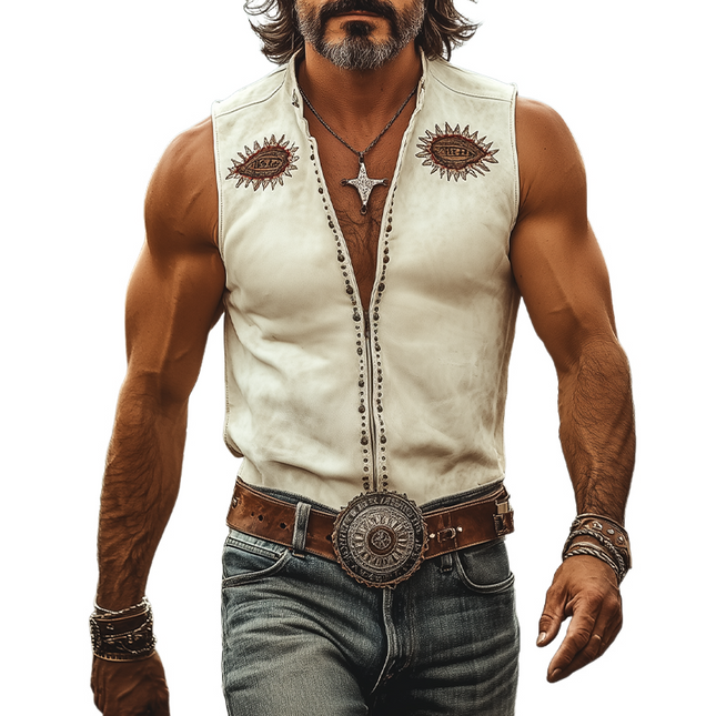 Men's Western Suede Shirt | Sleeveless Slim Fit | Velvet Embroidery & Rivet Details | Zipper Front | Retro Cowboy Style | Casual Spring & Summer Wardrobe