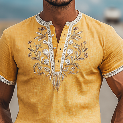Men's Summer Cotton Linen T-Shirt | Retro Western Style | Embroidered Henley Collar | Casual Fashion | Breathable Fabric | Comfortable Fit | Ideal for Summer Warm Days