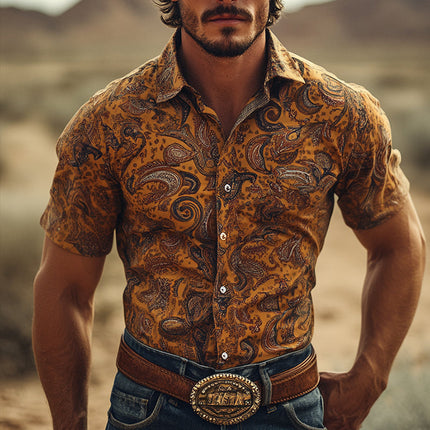 Men's Retro Western Cowboy Style Shirt | Perris Print | Short Sleeve | Lapel Collar | Casual Vintage Style | Breathable Cotton | S-3XL | Spring Summer | Ideal for Country Parties & Festivals