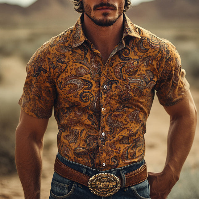 Men's Retro Western Cowboy Style Shirt | Perris Print | Short Sleeve | Lapel Collar | Casual Vintage Style | Breathable Cotton | S-3XL | Spring Summer | Ideal for Country Parties & Festivals