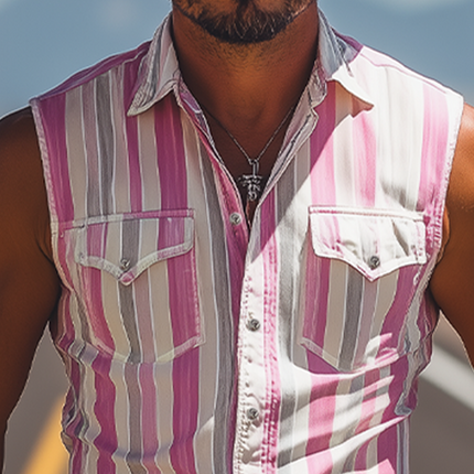 Men's Retro Western Striped Sleeveless Shirt | Casual Cotton Blend | Summer Cowboy Style | Comfortable & Breathable Tank Top