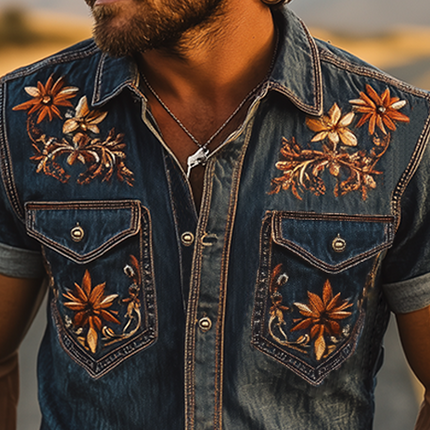 Men's Vintage Western Denim Shirt | Embroidered Cowboy Style | Summer Short Sleeve Fashion | Classic Retro Design | Premium Breathable Fabric | Easy Style for Casual Outings