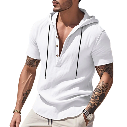 Men's Hooded T-Shirt | Henley Collar | Solid Color | Breathable Cotton | Slim Fit | Short Sleeve | Casual Wear | Versatile Everyday Style