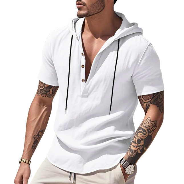 Men's Hooded T-Shirt | Henley Collar | Solid Color | Breathable Cotton | Slim Fit | Short Sleeve | Casual Wear | Versatile Everyday Style