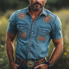 Men's Summer Denim Shirt | Floral Embroidery | Lightweight Breathable Fabric | Short Sleeve | Casual Wear | Classic Fit | Spread Collar | MTA2946D1U | Sizes S-3XL | Warm Weather Outings