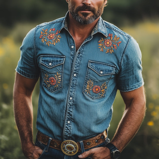 Men's Summer Denim Shirt | Floral Embroidery | Lightweight Breathable Fabric | Short Sleeve | Casual Wear | Classic Fit | Spread Collar | MTA2946D1U | Sizes S-3XL | Warm Weather Outings
