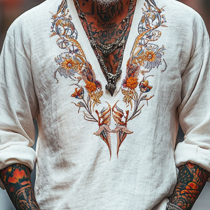Men's Embroidered Long Sleeve T-Shirt | Vintage Style | V-Neck Cotton Blend | Casual Wear | Soft Breathable Fit | Artistic Embroidery | Timeless Design | Versatile Fashion | Comfortable and Durable