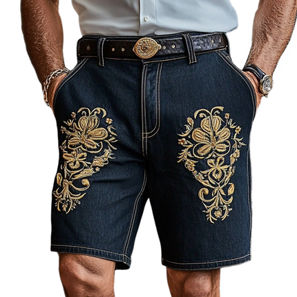 Men's Retro Embroidered Denim Shorts | Vintage Style | Straight Leg | Durable Denim | Comfortable Fit | Above Knee Length | Casual Summer Wear | Festival Outfit | Nostalgic Classic Embroidery