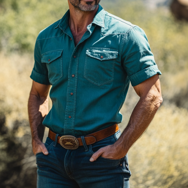 Men's Vintage Washed Denim Shirt | Western Cowboy Style | Slim Fit | Short Sleeve | Classic Lapel Collar | High-Quality Fabric | Casual & Stylish | Summer Wardrobe Essential | Comfortable & Durable