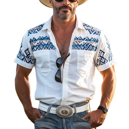 Men's Western Cowboy Shirt | Aztec Print | Short Sleeve | Classic Lapel Collar | Cotton Blend | Button-Up Front | Relaxed Fit | Vibrant Patterns | Casual Summer Wear | Bold Statement | Multiple Sizes Available