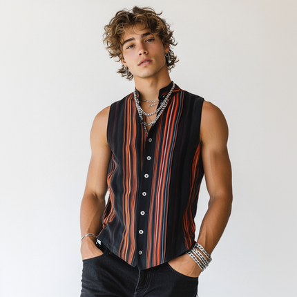 Men's Sleeveless Shirt | Casual Contrast Stripe Print | Stand Collar | Slim Fit | Breathable Lightweight Fabric | Summer Fashion Top