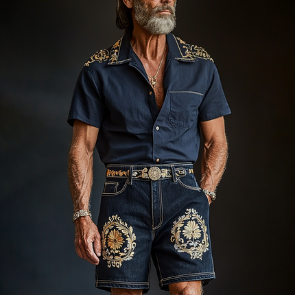 Men's Retro Embroidered Lapel Shirt | Short Sleeve | Vintage Style | Breathable Fabric | Button-Up Front | Casual Outings | Festivals | Relaxed Fit | Soft Cotton Blend | Notched Collar | Stylish Retro Flare
