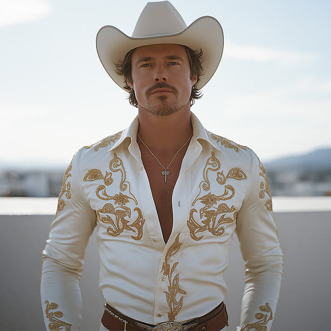 Men's Cowboy Style Shirt | Summer Chiffon Long Sleeve | Embroidered Design | Lightweight & Breathable | Casual & Semi-Formal | Rustic Elegance | Versatile Wardrobe Staple