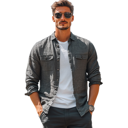Men's Relaxed Fit Long-Sleeve Shirt | Dark Gray | Cotton Linen Blend | Casual & Semi-Formal | Breathable & Skin-Friendly | Smart Casual Turn-Down Collar | Button-Up | Versatile Solid Color