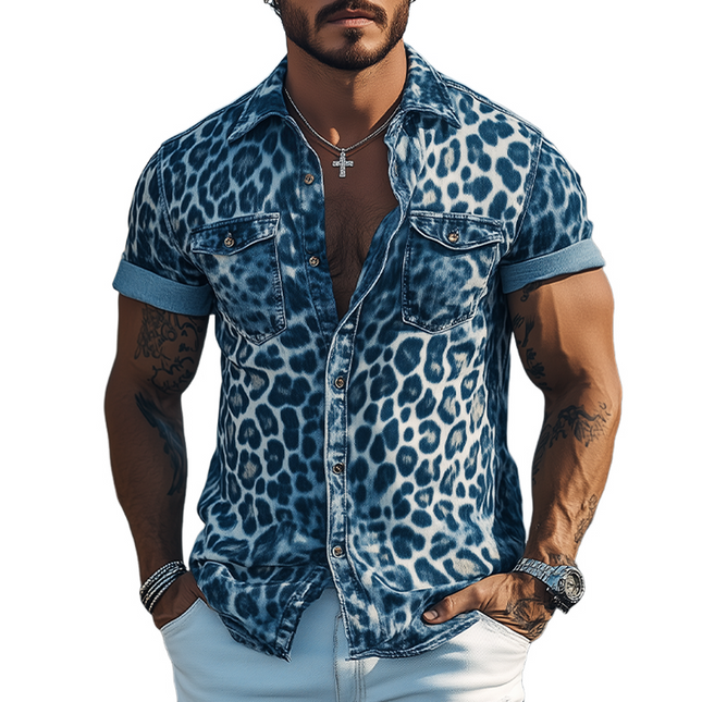 Men's Fashion Short Sleeve Shirt | Retro Western Style | Leopard Denim Print | Slim Fit | Casual Spring Summer | High-Quality Cotton Blend