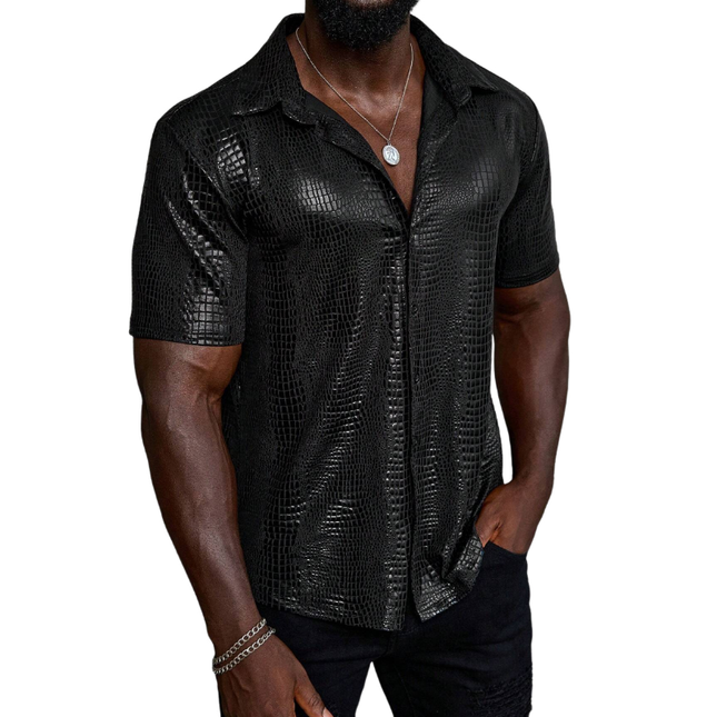 Men's Vintage Crocodile Pattern PU Leather Shirt | Lapel Collar | Loose Short Sleeve | Textured Look | Bold Statement | Fashion Forward | Comfortable Fit | Perfect for Parties & Casual Outings