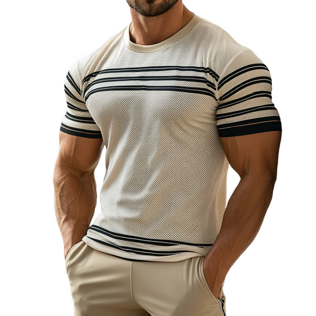 Men's Vintage Style Striped Mesh T-Shirt | Retro Casual Round Neck Short Sleeve | Breathable Lightweight Top for Spring Summer | Timeless Stripes | Comfortable Fit | Available in S-3XL
