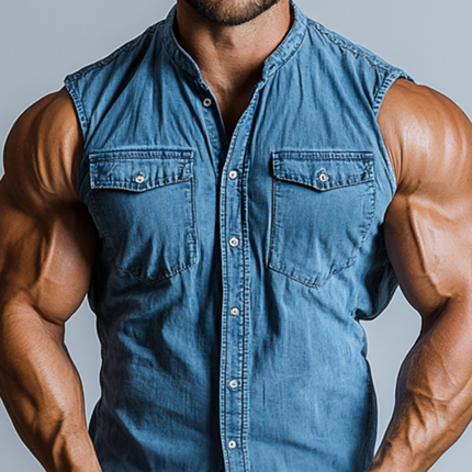 Vintage Men's Denim Sleeveless Shirt | Distressed Washed | Stand Collar | Chest Pocket | Slim Fit | High-Quality Fabric | Rugged Retro Charm | Casual Streetwear | Versatile Wardrobe Staple