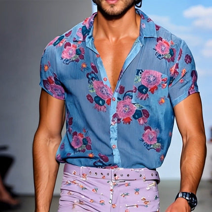 Men's Floral Linen Short Sleeve Shirt | Vintage Casual Lapel Design | Breathable Summer Top | Versatile for Beach Outings & Gatherings | Lightweight & Comfortable | Sizes S-3XL