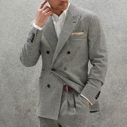 Men's Vintage Plaid Herringbone Blazer | Double-Breasted Suit | Retro Style | Gray | Lapel Design | Slim Fit | Comfortable Lining | Multiple Sizes | Classic & Fashionable | Men's Outerwear