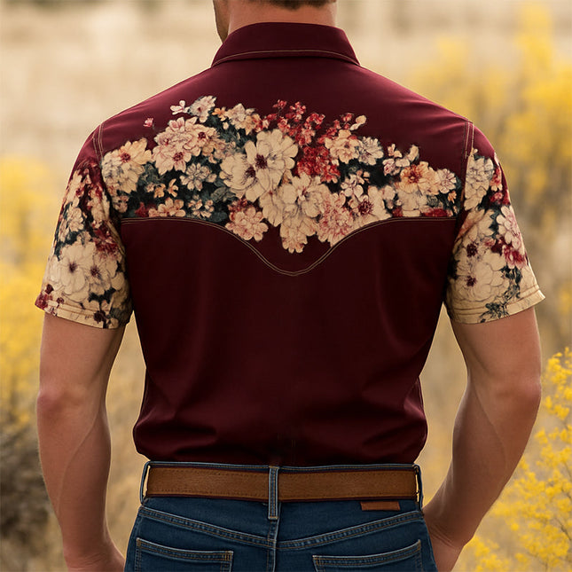 Men's Floral Print Western Cowboy Shirt | Retro Style | Short Sleeve | Lapel Collar | Cotton Blend | Casual Everyday Wear | Vintage Inspired | Perfect for Spring and Summer | Multiple Sizes Available