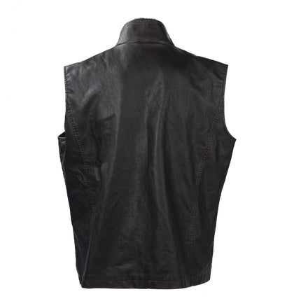 Men's Vintage Double Layer Collar Vest | Soft Italian Calfskin Trim | Heavy-Duty Brass Zipper & Snaps | Hidden Pocket | Casual & Versatile Outerwear | Handcrafted Design | High-Quality Leather Garment