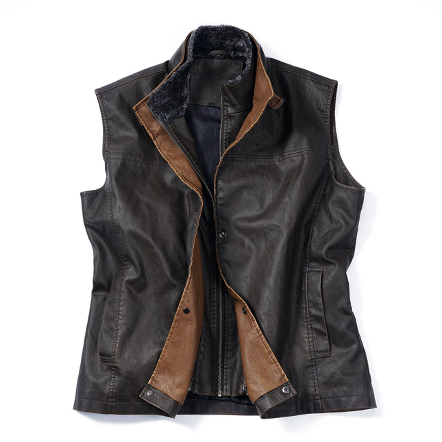 Men's Vintage Double Layer Collar Vest | Soft Italian Calfskin Trim | Heavy-Duty Brass Zipper & Snaps | Hidden Pocket | Casual & Versatile Outerwear | Handcrafted Design | High-Quality Leather Garment