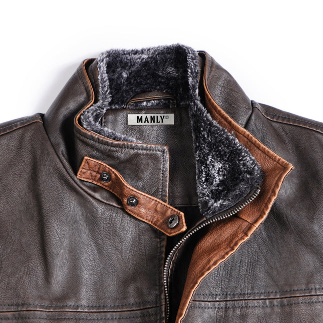Men's Vintage Double Layer Collar Vest | Soft Italian Calfskin Trim | Heavy-Duty Brass Zipper & Snaps | Hidden Pocket | Casual & Versatile Outerwear | Handcrafted Design | High-Quality Leather Garment