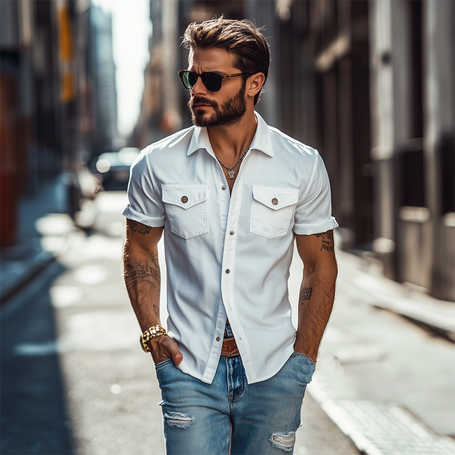 Men's Slim Fit Short Sleeve Shirt | Classic Casual Solid Color | Polyester Cotton Blend | Multi-Pocket Design | Comfortable & Durable | Perfect for Everyday Wear