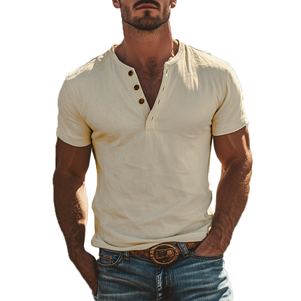 Men's Suede Vintage Style T-Shirt | Henley Collar | Short Sleeve | Classic American Design | Comfortable Premium Fabric | Versatile Casual Wear