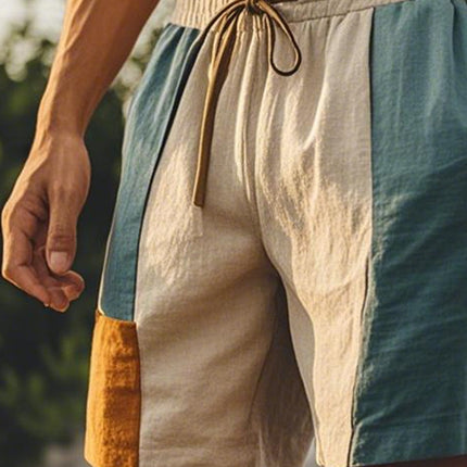 Men's Linen Shorts | Patchwork Design | Morandi Color | Elastic Waistband | Summer Casual Wear | Breathable Comfort | Sizes S-XXXL