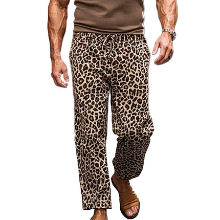 Men's Fashion Leopard Print Pants | Casual Elastic Waist Trousers | Adjustable Drawstring | Full-Length | Versatile Style | Multiple Sizes | Beige with Black Pattern