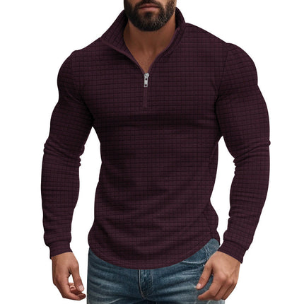 Men's Long Sleeve T-Shirt | Half-Zip Stand Collar | Small Square Pattern | Modern Style | Breathable Fabric | Comfortable Fit | Versatile Layering | Casual & Smart-Casual Wear