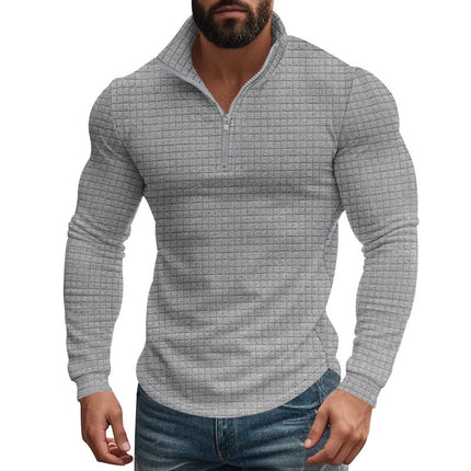 Men's Long Sleeve T-Shirt | Half-Zip Stand Collar | Small Square Pattern | Modern Style | Breathable Fabric | Comfortable Fit | Versatile Layering | Casual & Smart-Casual Wear