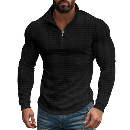 Men's Long Sleeve T-Shirt | Half-Zip Stand Collar | Small Square Pattern | Modern Style | Breathable Fabric | Comfortable Fit | Versatile Layering | Casual & Smart-Casual Wear