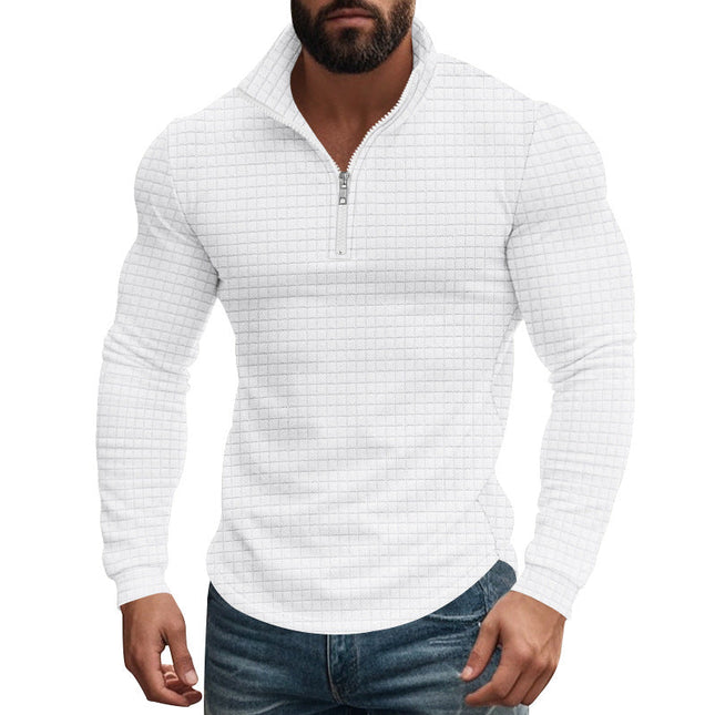 Men's Long Sleeve T-Shirt | Half-Zip Stand Collar | Small Square Pattern | Modern Style | Breathable Fabric | Comfortable Fit | Versatile Layering | Casual & Smart-Casual Wear