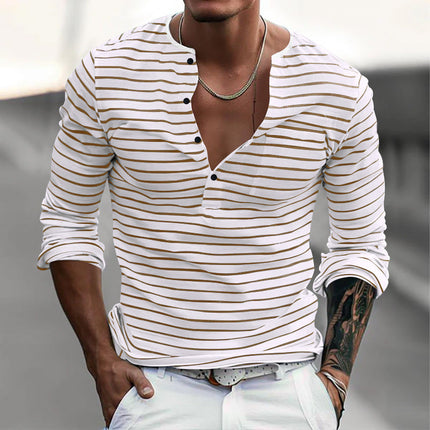 Men's Cotton Blend Long Sleeve Henley Striped T-Shirt | Casual Versatile Top | Sizes S-XXXL | Durable Soft Breathable | Adjustable Four-Button Placket | Machine Washable | Year-Round Wear