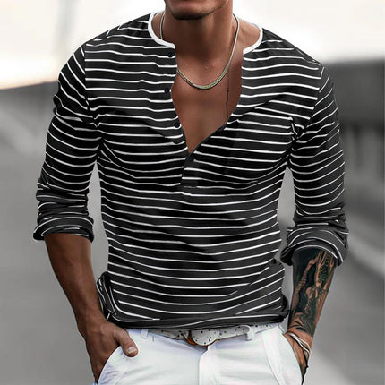 Men's Cotton Blend Long Sleeve Henley Striped T-Shirt | Casual Versatile Top | Sizes S-XXXL | Durable Soft Breathable | Adjustable Four-Button Placket | Machine Washable | Year-Round Wear