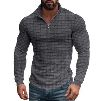 Men's Long Sleeve T-Shirt | Half-Zip Stand Collar | Small Square Pattern | Modern Style | Breathable Fabric | Comfortable Fit | Versatile Layering | Casual & Smart-Casual Wear