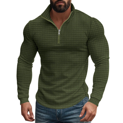 Men's Long Sleeve T-Shirt | Half-Zip Stand Collar | Small Square Pattern | Modern Style | Breathable Fabric | Comfortable Fit | Versatile Layering | Casual & Smart-Casual Wear